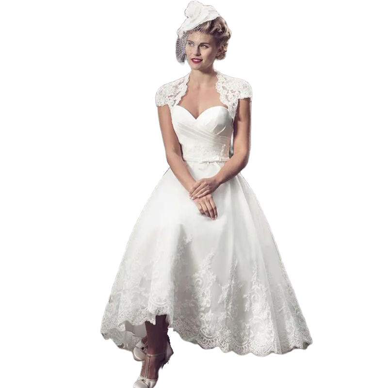 Length Garden Tea Vintage Wedding Dress with Wrap Cap Short Sleeves Sweetheart Neck Lace Appliques Ivory Satin A Line Bridal Gowns for Women