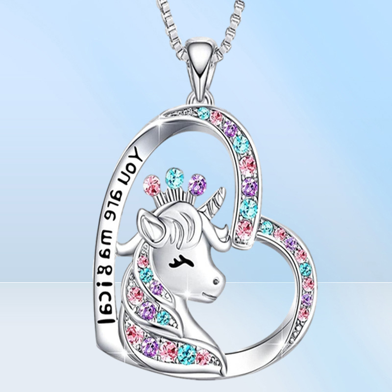 Unicorn Pendant Necklace Cute Lucky Heart Crystal Birthstone Horse Necklaces You Are Magical Jewelry Birthday Gift Girls5858986