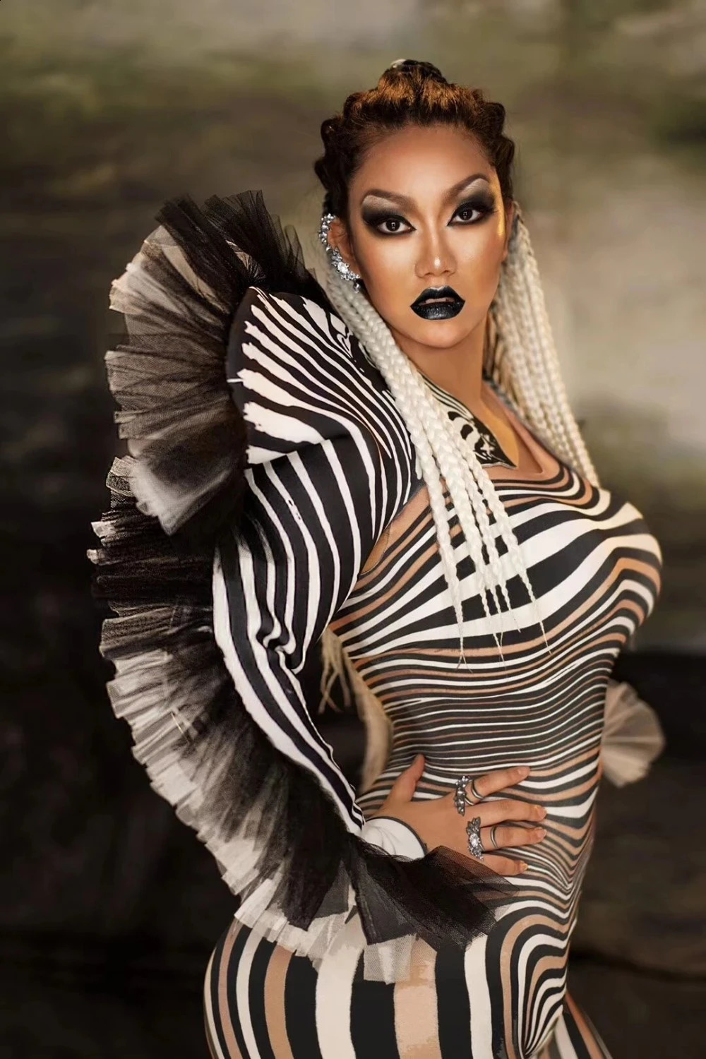 Fashion Zebra Pattern Jumpsuit Women Singer Sexy Stage Outfit Bar DS Dance Cosplay Bodysuit Performance Show Costume 240130