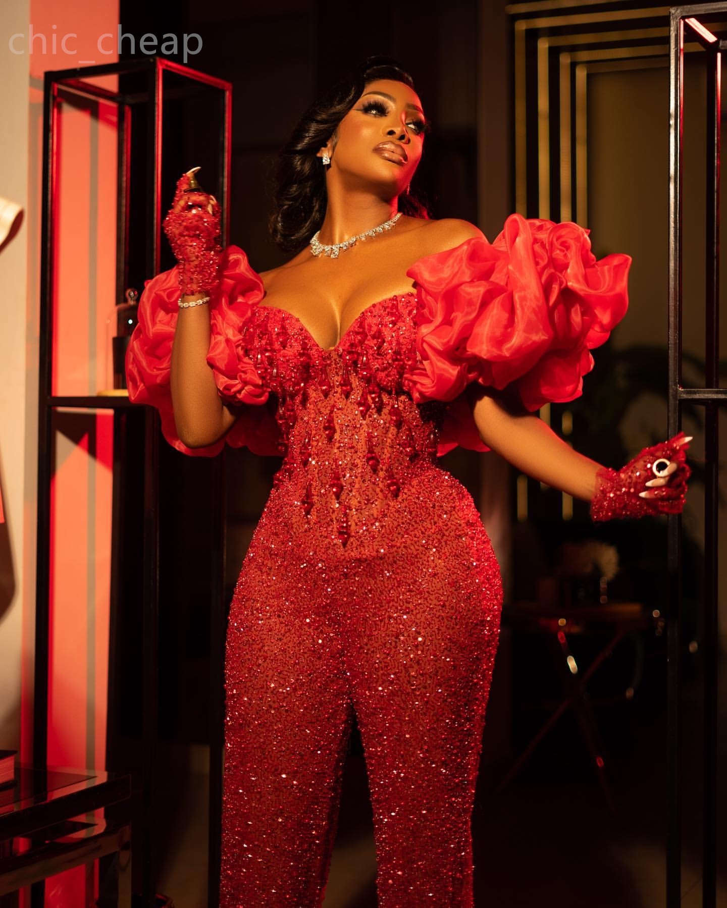 2024 Aso Ebi Mermaid Red Jumpsuits Prom Dress Beaded Crystals Sequined Evening Formal Party Second Reception Birthday Engagement Gowns Dresses Robe De