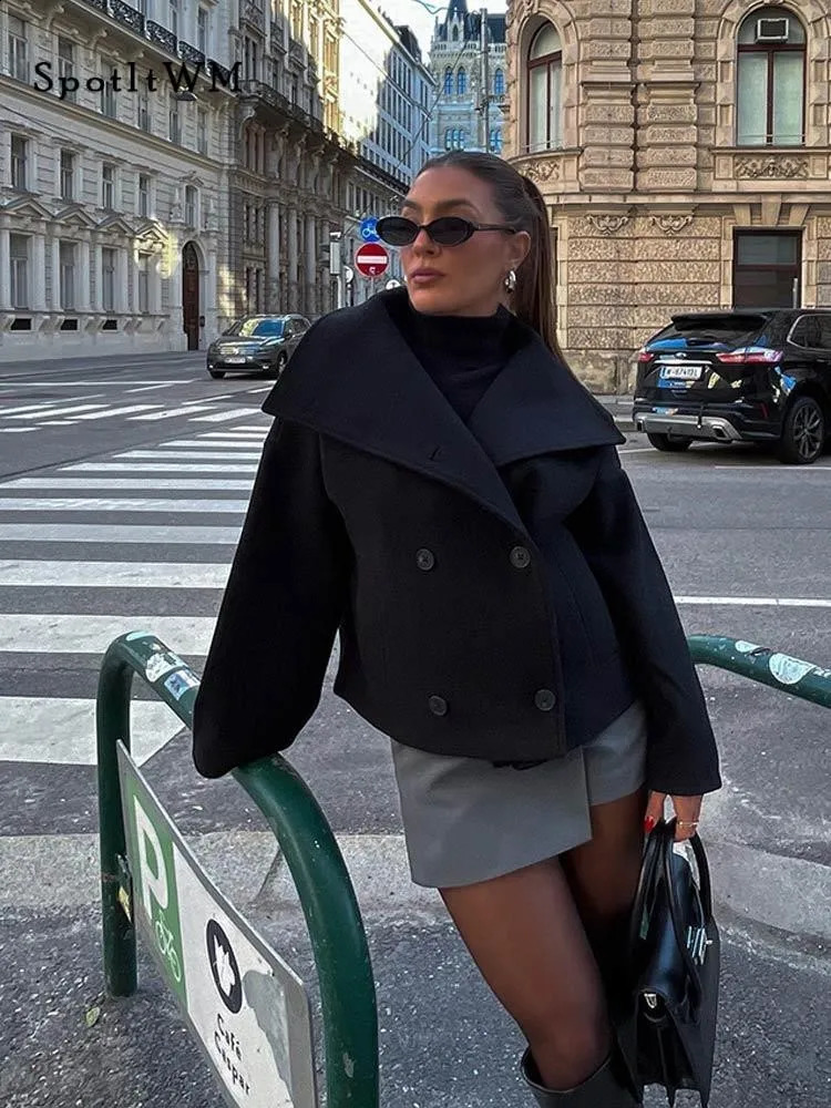Women Fashion Wool Blend Coats Vintage Lapel Collar Double Breasted Long Sleeve Jacket Autumn Female Chic Street Outerwear 240131