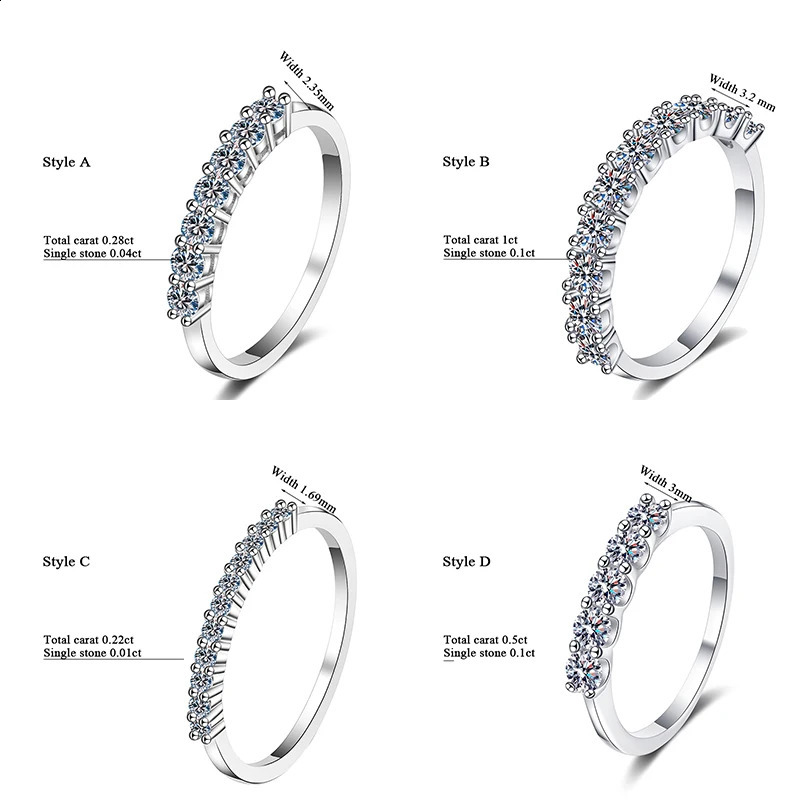 100% Wedding Band Sterling Silver Wedding Rings VVS1 Diamond Half Stackable Ring for Women 0.5CT 0.7CT 1CT 240125