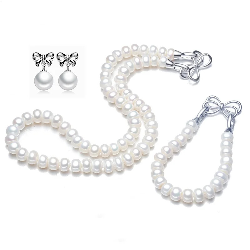Classic Pearl Jewelry Sets Genuine Natural Freshwater Pearl Jewelry 925 Sterling Silver Earrings Bracelet Necklace For Women 240119