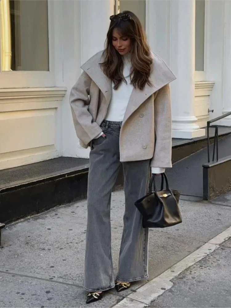 Women Fashion Wool Blend Coats Vintage Lapel Collar Double Breasted Long Sleeve Jacket Autumn Female Chic Street Outerwear 240131