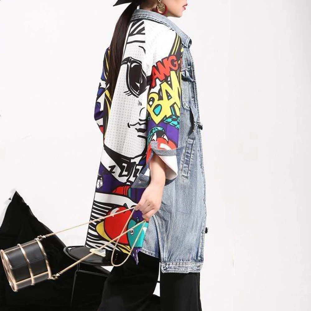 2023 Autumn Women Casual Denim Trench Coat Fashion Abstract Graffiti Creative Pattern Stitching Loose Washed Denim Jacket 240201