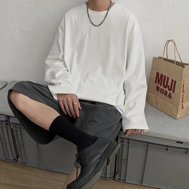 Privathinker 100 Cotton Men Solid Color Tshirts Long Sleeve Drop Shoulder Baggy Tops Korean Style Streetwear Male Tee Shirts 240129