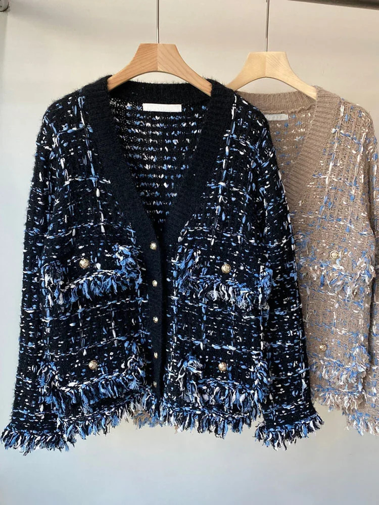 Vintage Tassels Patchwork Jacket Contrast Color Vneck Single Breasted Loose Coat Female Casual Fashion 240124
