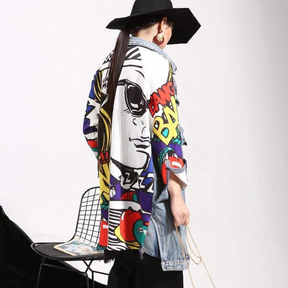 2023 Autumn Women Casual Denim Trench Coat Fashion Abstract Graffiti Creative Pattern Stitching Loose Washed Denim Jacket 240201