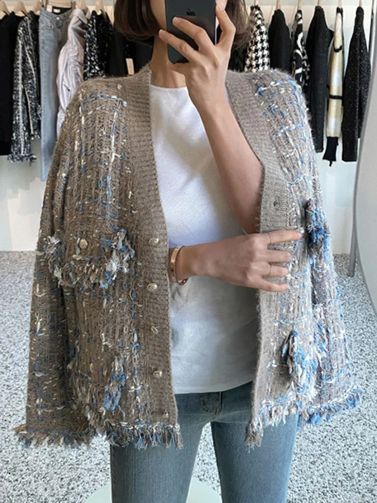 Vintage Tassels Patchwork Jacket Contrast Color Vneck Single Breasted Loose Coat Female Casual Fashion 240124