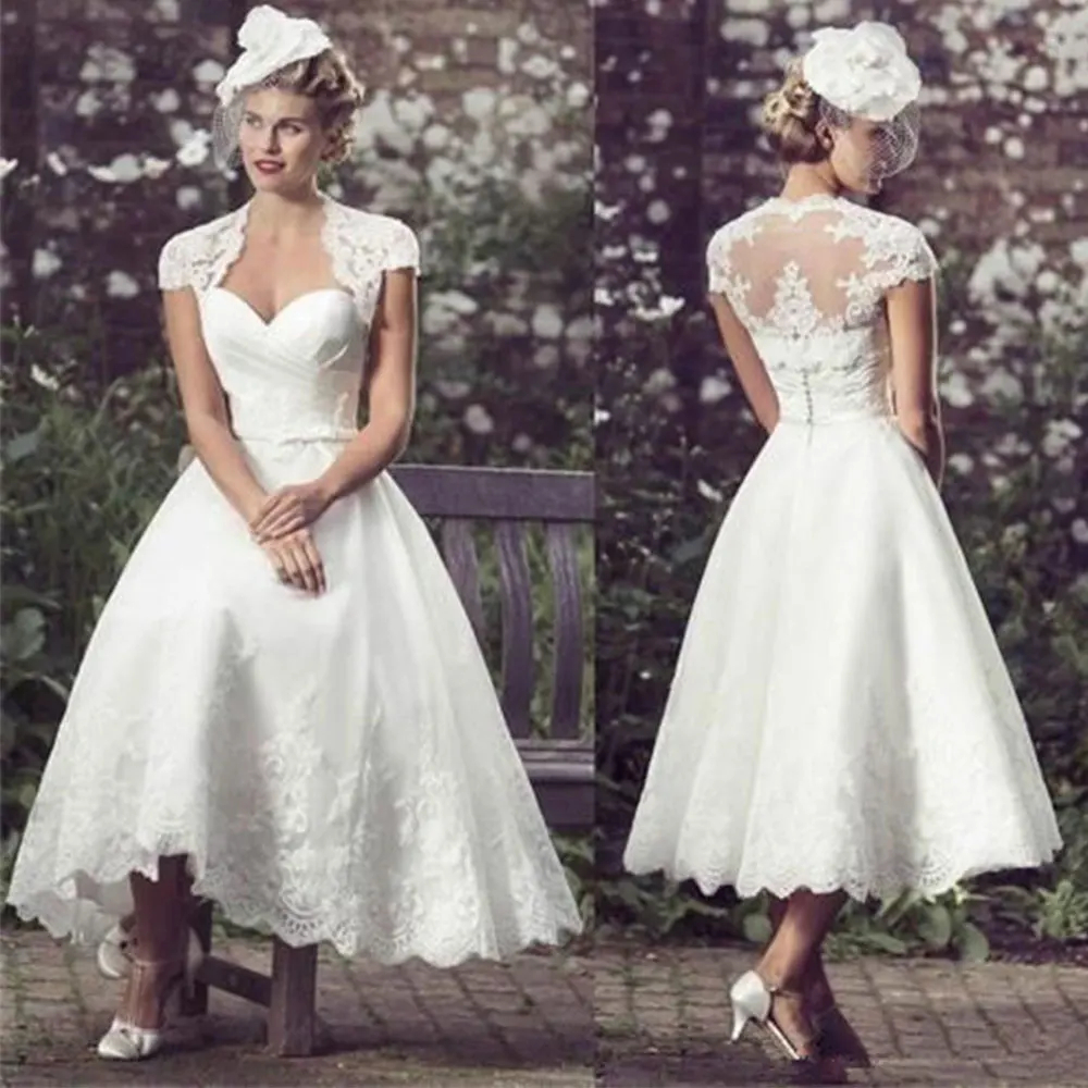 Length Garden Tea Vintage Wedding Dress with Wrap Cap Short Sleeves Sweetheart Neck Lace Appliques Ivory Satin A Line Bridal Gowns for Women