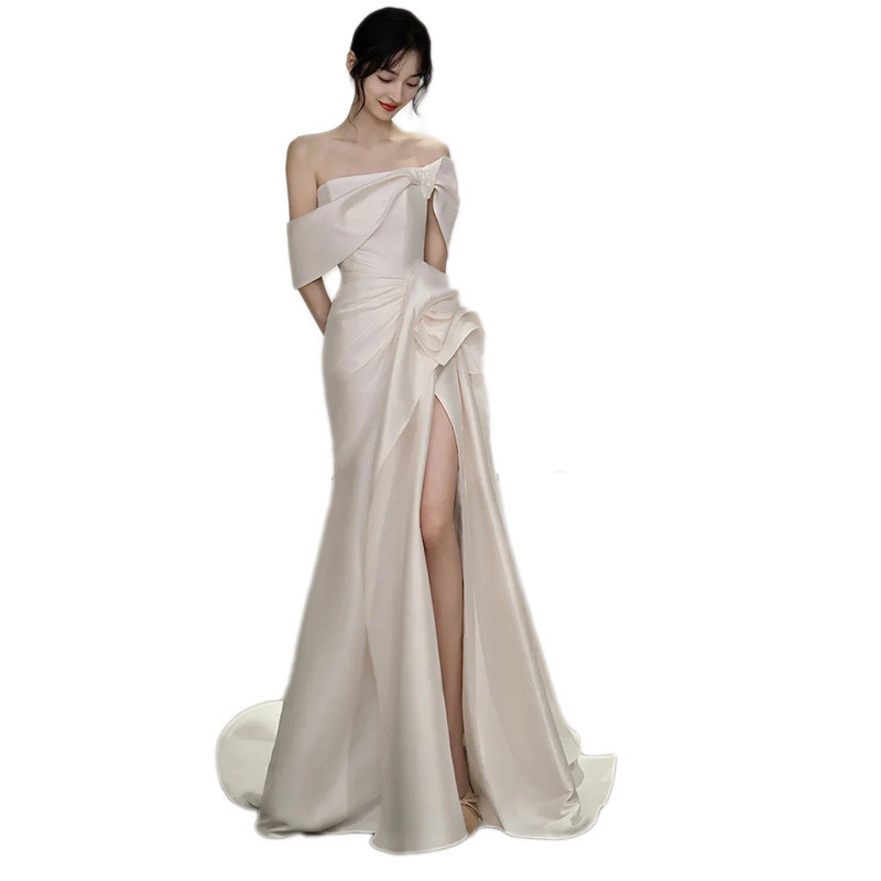 2024 Arabic Aso Ebi Mermaid Wedding Dresses Sexy Satin Side Split Off Shoulder Luxurious Dress Plus Size Bridal Party Gowns Trumpet Style Robe De Mari