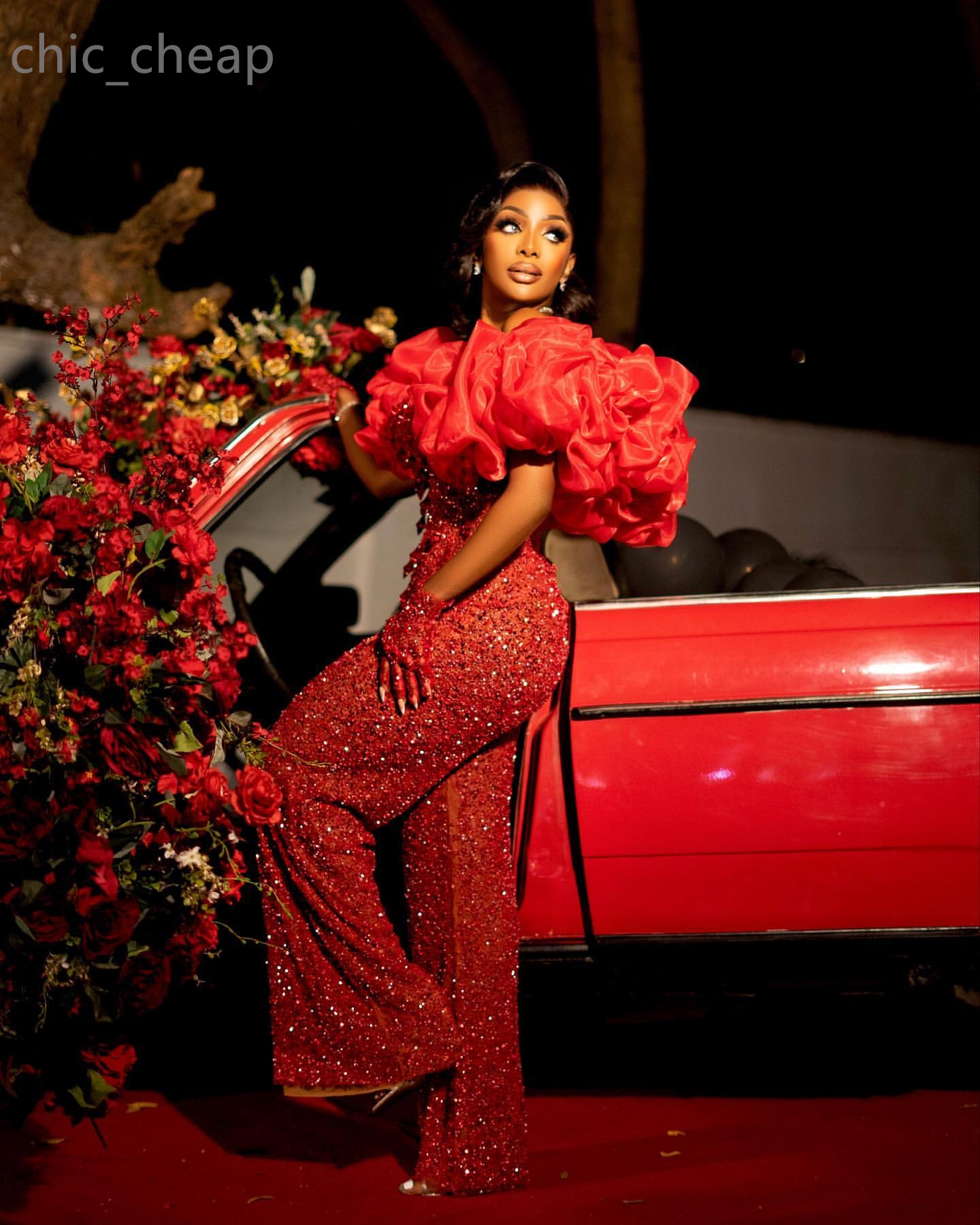 2024 Aso Ebi Mermaid Red Jumpsuits Prom Dress Beaded Crystals Sequined Evening Formal Party Second Reception Birthday Engagement Gowns Dresses Robe De
