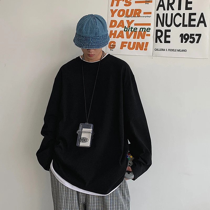 Privathinker 100 Cotton Men Solid Color Tshirts Long Sleeve Drop Shoulder Baggy Tops Korean Style Streetwear Male Tee Shirts 240129