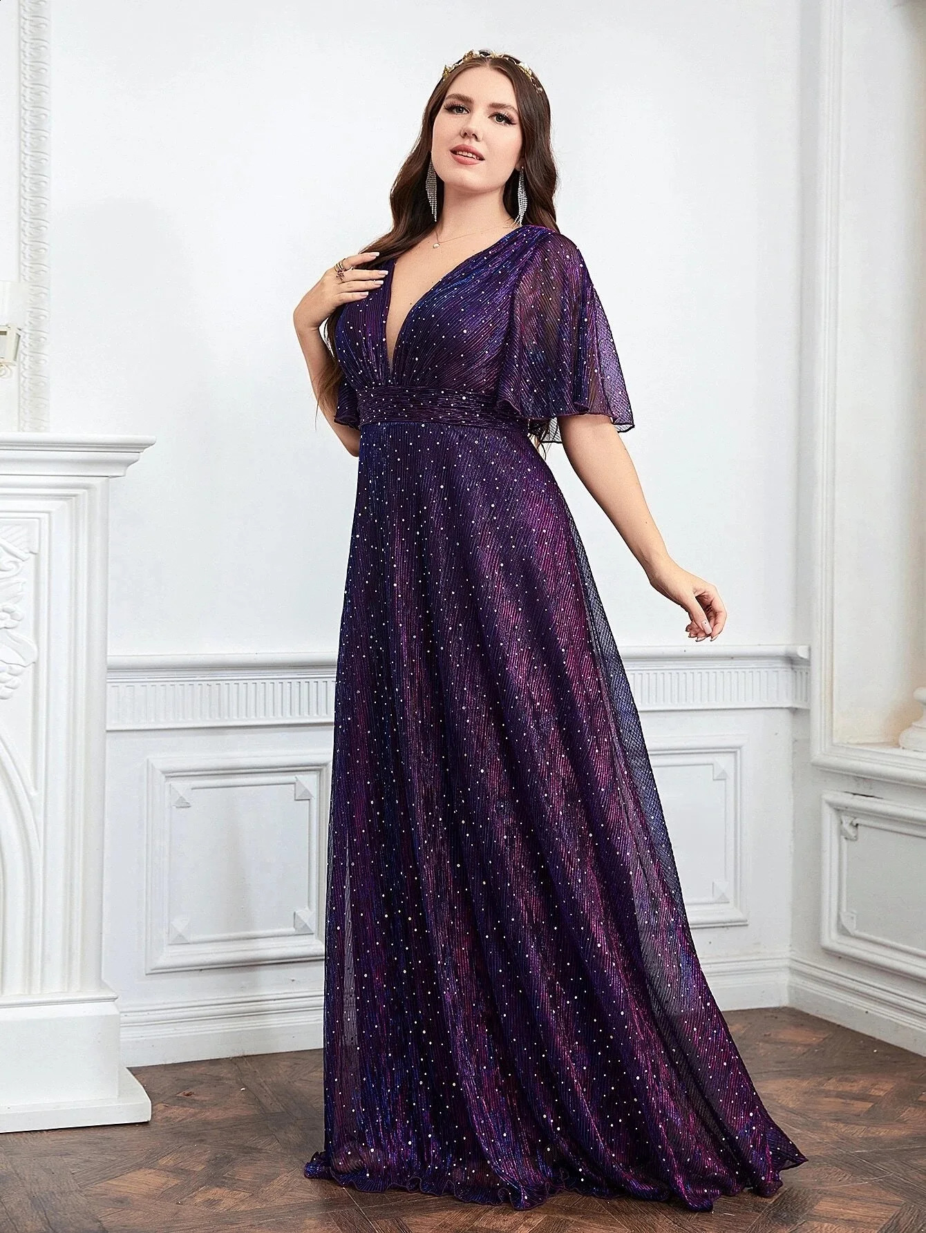 Wedding Bridesmaid Dress For Plus Size Female Fashion Plunging Neck Butterfly Sleeve Glitter Party Dresses Large Size Lady Dress 240201