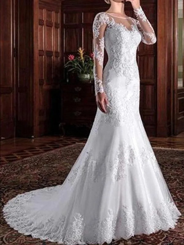 Vintage Long Sleeve Mermaid Wedding Dresses Sheer Jewel Neck Appliques Lace Tulle Bridal Gowns With Button Covered Back Vestido Bc18232