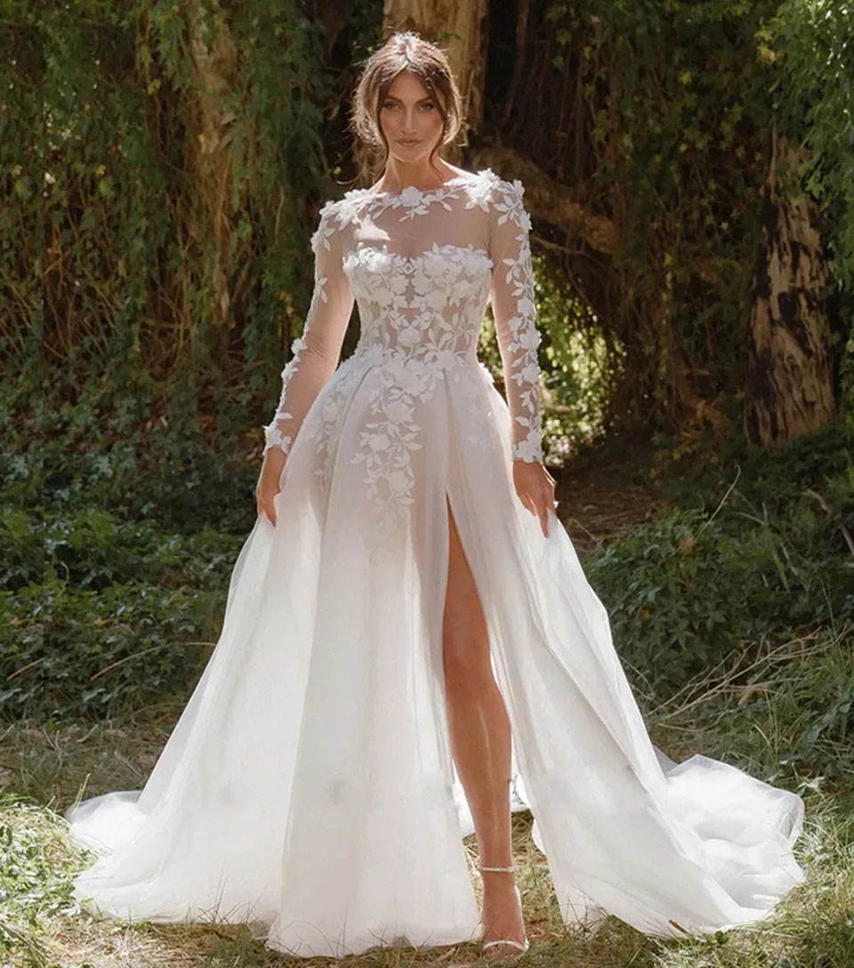 Wedding Dresses Bridal Gowns A Line Formal O-Neck Long Sleeve Applique Tulle Beaded White Ivory Custom Zipper Lace Up Plus Size New Split Front/Side