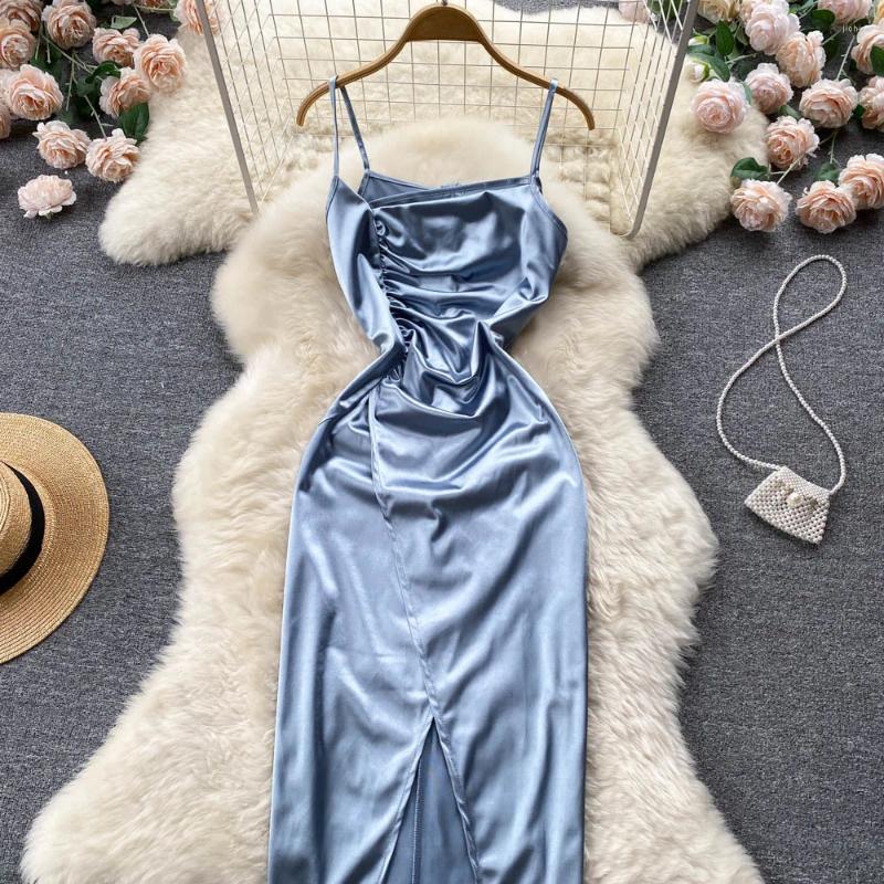Casual Dresses Summer 2024 Satin Dress For Women Elegant Spaghetti Strap Sleeveless Ruched Slim Cross Split Sexy Evening Party Long