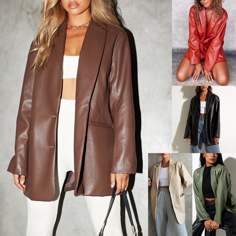 Women's Oversized Faux Leather Blazer Long Sleeve Lapel Button Down Shacket Coat With Pockets - Brown, Beige, Green, Black, Claret B4