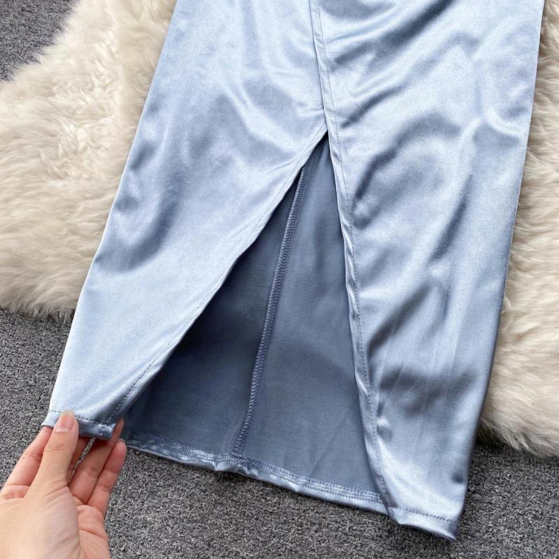Casual Dresses Summer 2024 Satin Dress For Women Elegant Spaghetti Strap Sleeveless Ruched Slim Cross Split Sexy Evening Party Long