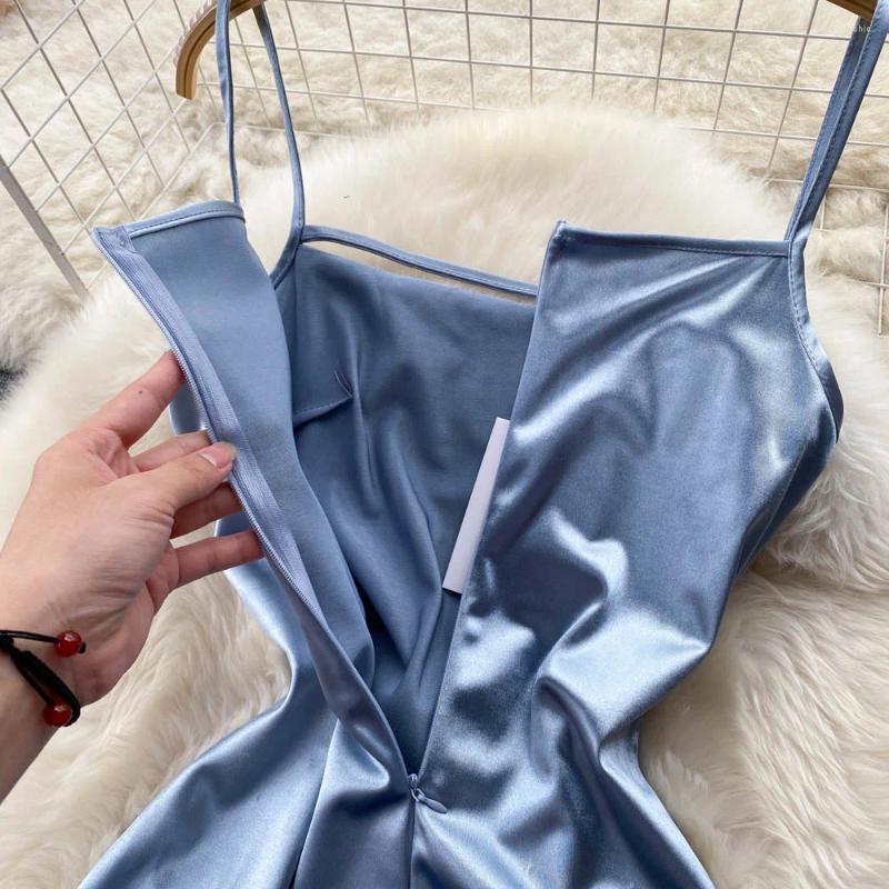 Casual Dresses Summer 2024 Satin Dress For Women Elegant Spaghetti Strap Sleeveless Ruched Slim Cross Split Sexy Evening Party Long