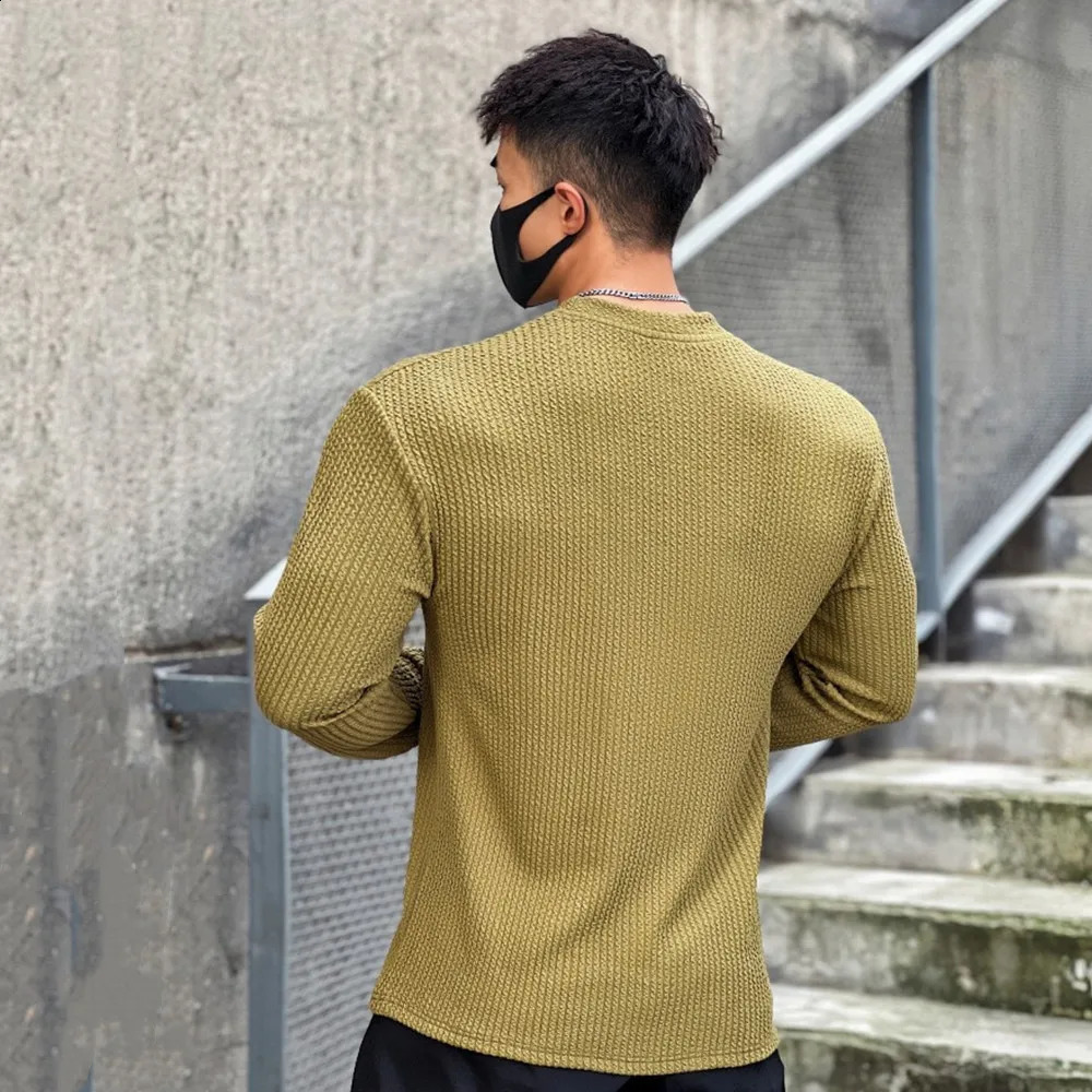 Autumn Winter Casual Tshirt Men Long Sleeves Solid Shirt Gym Fitness Bodybuilding Tees Tops Male Fashion Slim Stripes Clothing 240129