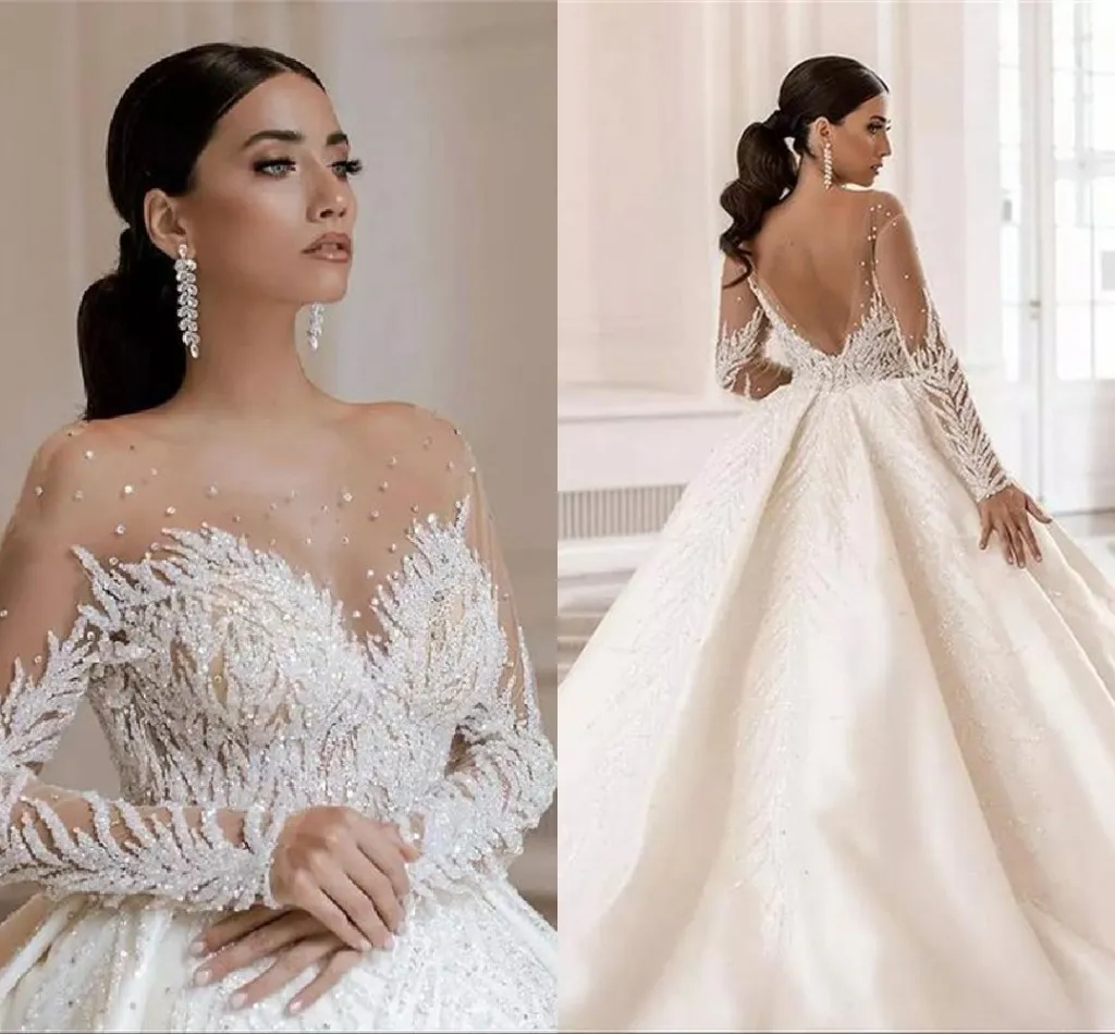 Beads Arabic Dubai Crystals Ball Dresses Vestido De Noiva Soft Tulle Long Sleeve Wedding Bridal Gown