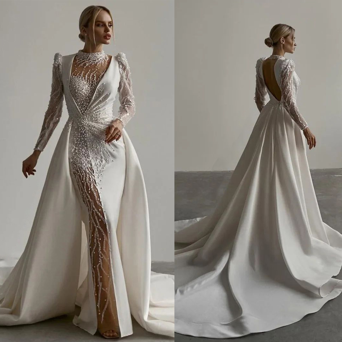 Gorgeous Pearls Mermaid Wedding Dress Sequins High Neck Bridal Gowns With Overskirts Custom Made Bride Dresses Vestido De Novia 0219