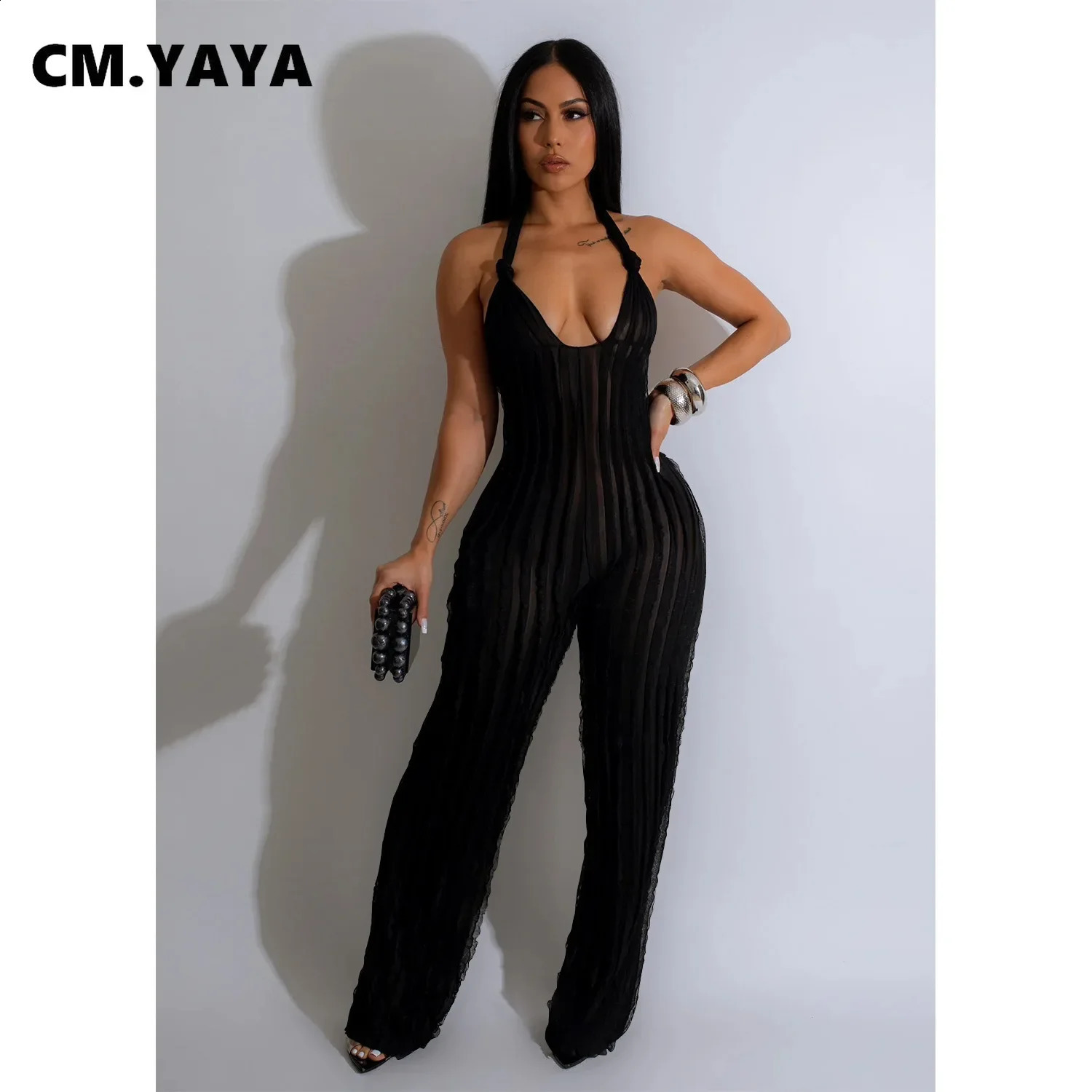 CM.YAYA Fashion Ruffles Women Halter Deep V-neck Backless Wide Leg Jumpsuit Sleeveless Chic Playsuit Suit Romper 240129