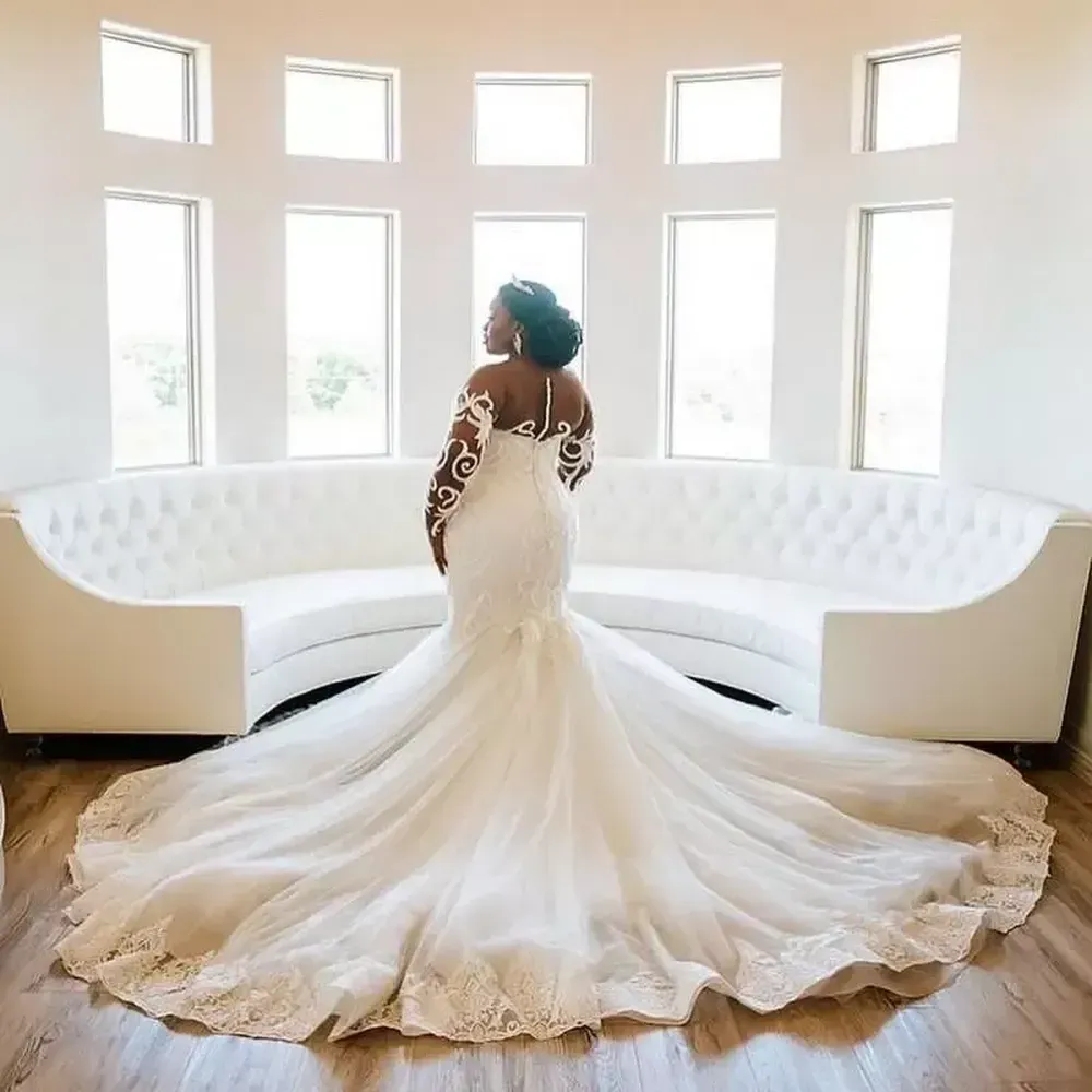 Mermaid African Lace Dresses See Thru Full Sleeves Bridal Gowns Plus Size Wedding Dress Vestido De Novia C0413