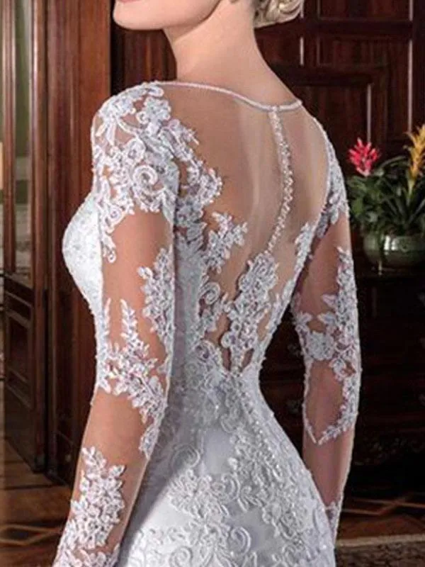 Vintage Long Sleeve Mermaid Wedding Dresses Sheer Jewel Neck Appliques Lace Tulle Bridal Gowns With Button Covered Back Vestido Bc18232