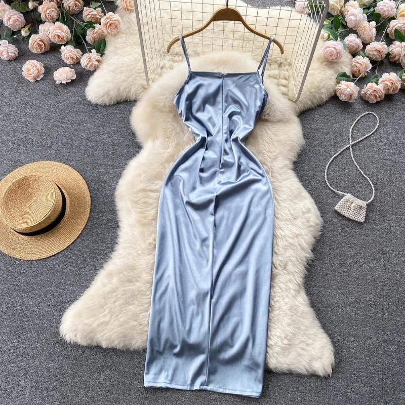 Casual Dresses Summer 2024 Satin Dress For Women Elegant Spaghetti Strap Sleeveless Ruched Slim Cross Split Sexy Evening Party Long