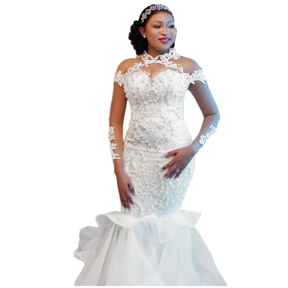2024 Vintage Mermaid Wedding Dresses Bridal Gowns High Neck Long Sleeves Organza Lace Appliques Beads Pearls Plus Size African Nigerian Fishtail Robe 