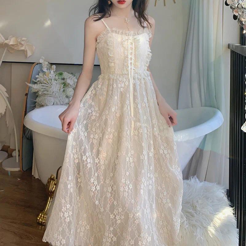 Casual Dresses Blingbling Bright Silk Embroidery Lace Dress Women High Waist Tie Bow Mesh Spaghetti Strap Ladies Party Elegant