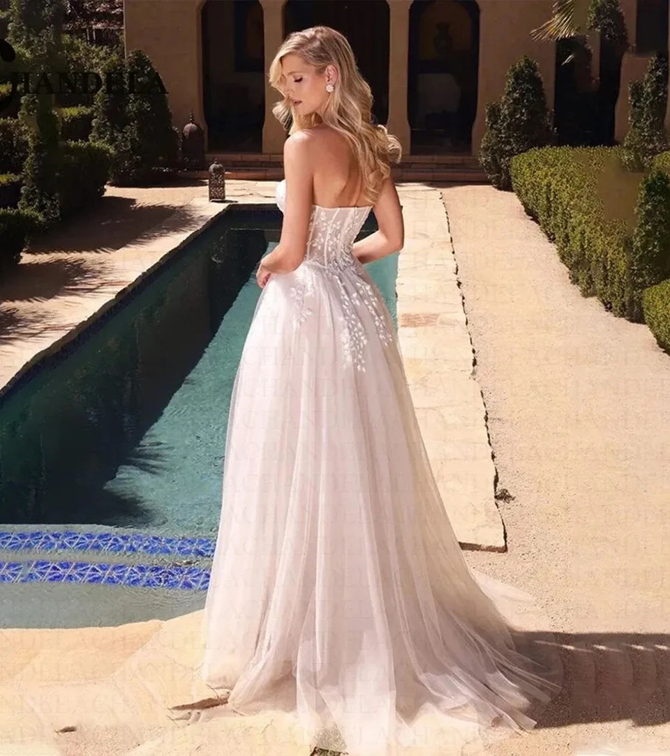 White Wedding Dresses Ivory Bridal Gowns A Line Formal Applique Tulle Custom Zipper Lace Up Plus Size New Split Front/Side Sweetheart Sleeveless