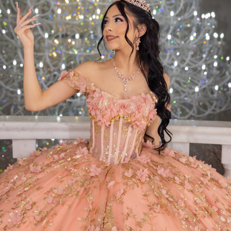 Pink Off The Shoulder 3D wers Ball Gown Quinceanera Dresses Ruffles Sequined Gold Appliques Lace Beads Tull Corset Vestidos De 15 Anos Sweet 16 Dress