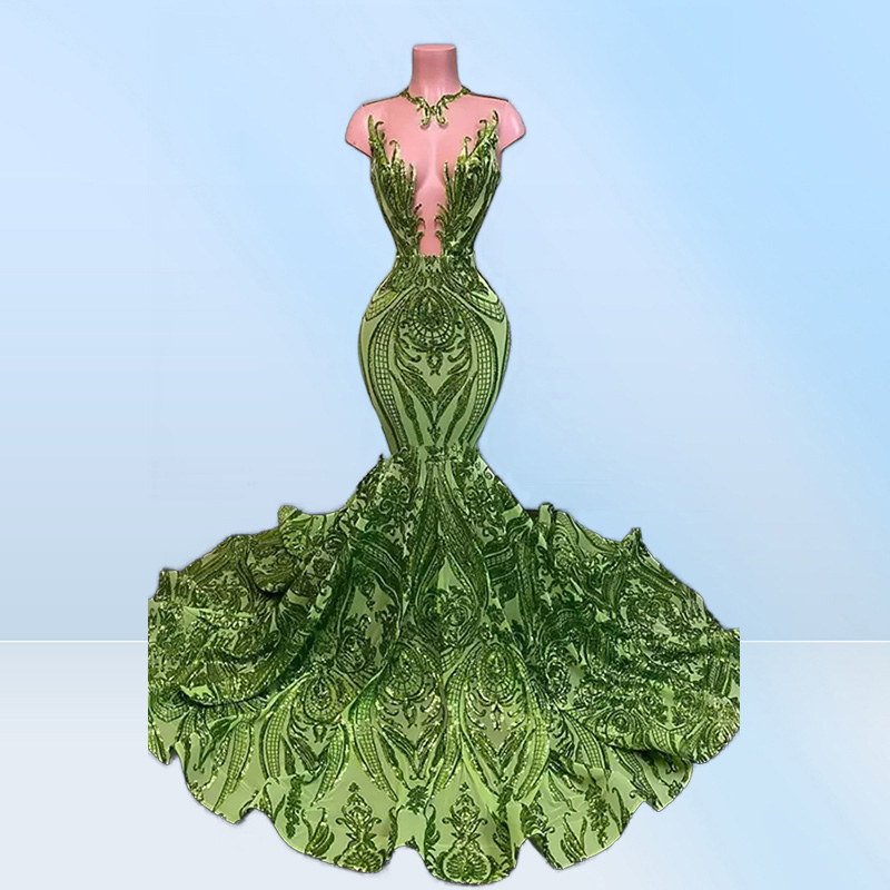 NEW Sparkly Sequin Olive Green Mermaid African Prom Dresses Black Girls Long Graduation Dress Plus Size Formal Evening Gowns