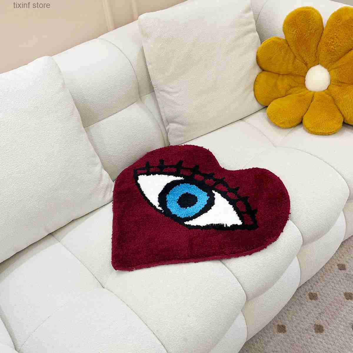 Carpet Red Heart Tufting Rug Blue Eye Doormat Irregular Thickened Antislip Carpet Tufting Fluffy Carpets Living Room Bedside Floor Mat T240219