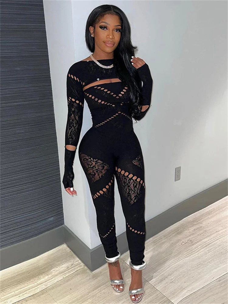 Summer Outfits Streetwear Jumpsuits Women Long Sleeve Bodycon Rompers Jumpsuit Skinny Blue Mesh See Though Overalls 240129