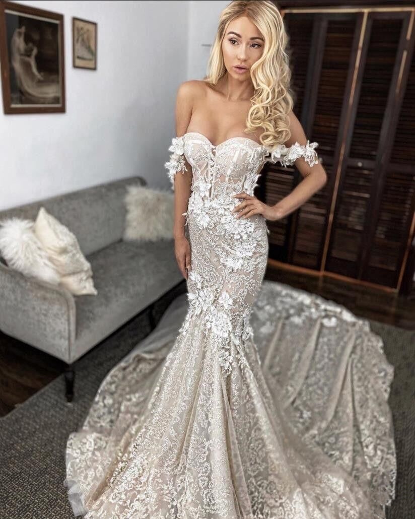Appliques Fancy 3D-Ral Mermaid Wedding Dress Off Shoulder Bridal Gowns Lace Custom Made Bride Dresses Vestido De Novia Es
