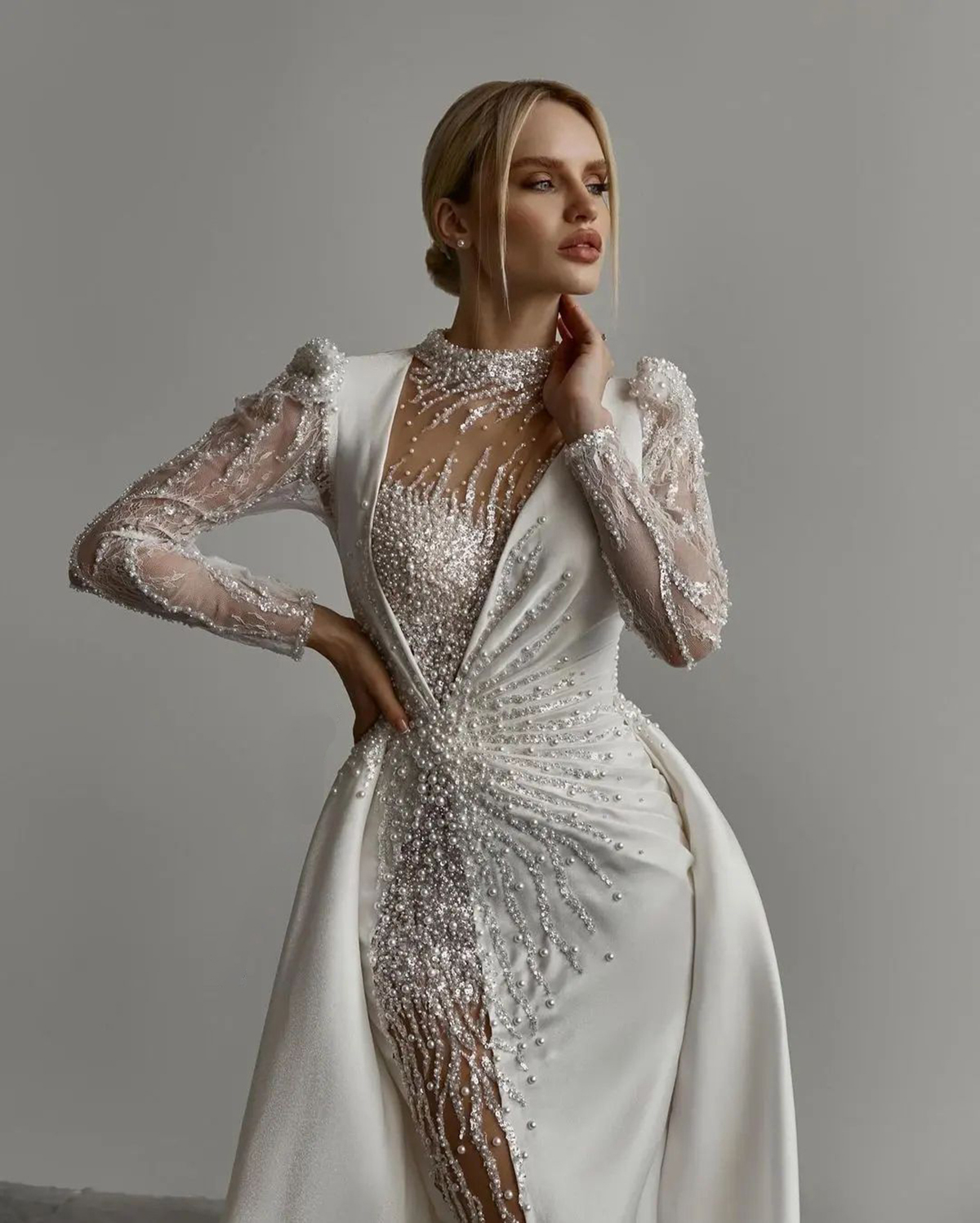 Gorgeous Pearls Mermaid Wedding Dress Sequins High Neck Bridal Gowns With Overskirts Custom Made Bride Dresses Vestido De Novia 0219