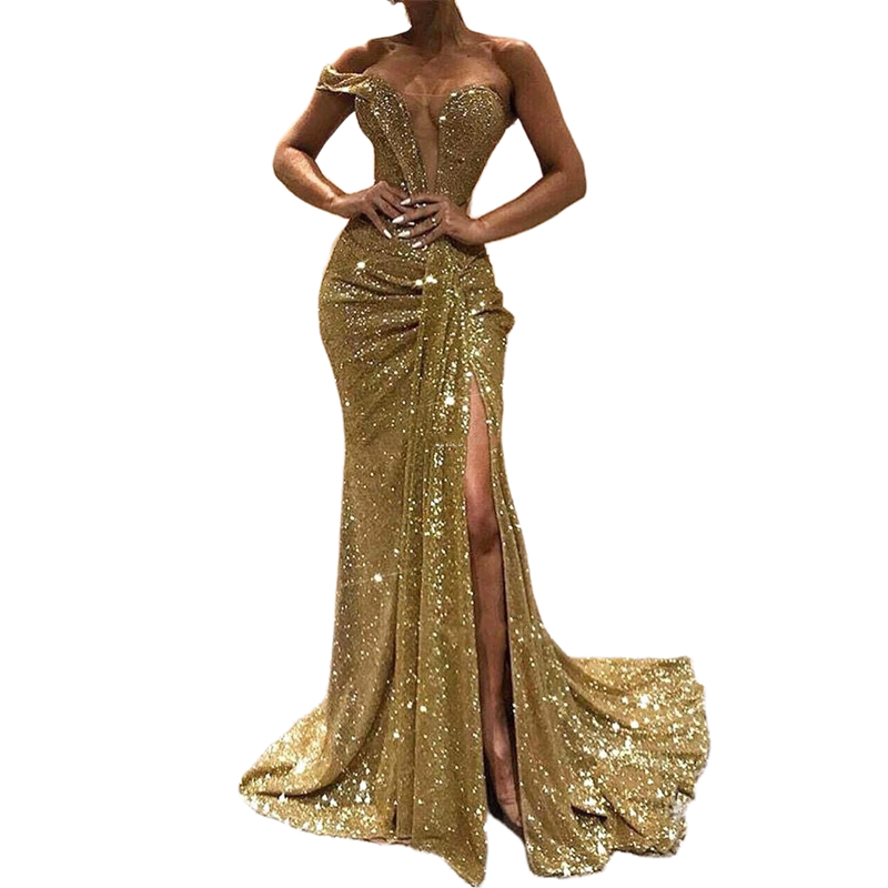 Sexy Gold Mermaid Evening Dresses Long High Side Split Sparkly Sequins Prom Party Gowns Deep V Neck One Off Shoulder Glitter Celebrity Dress