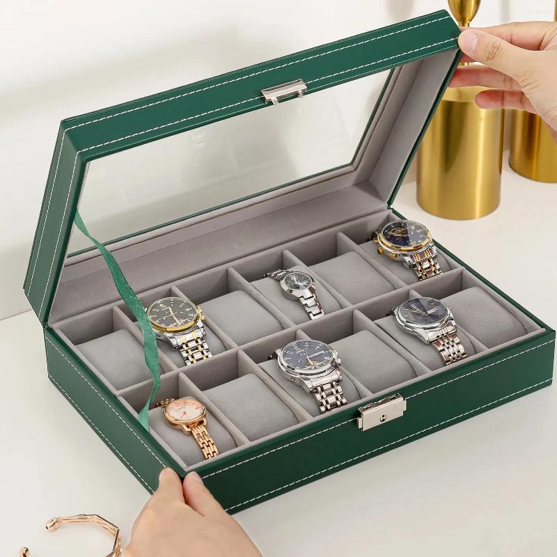 Watch Boxes 6/10/12 Grids Box PU Leather Watches Display Case Jewelry Holder Storage Organizer With Lock Gift For Men Women