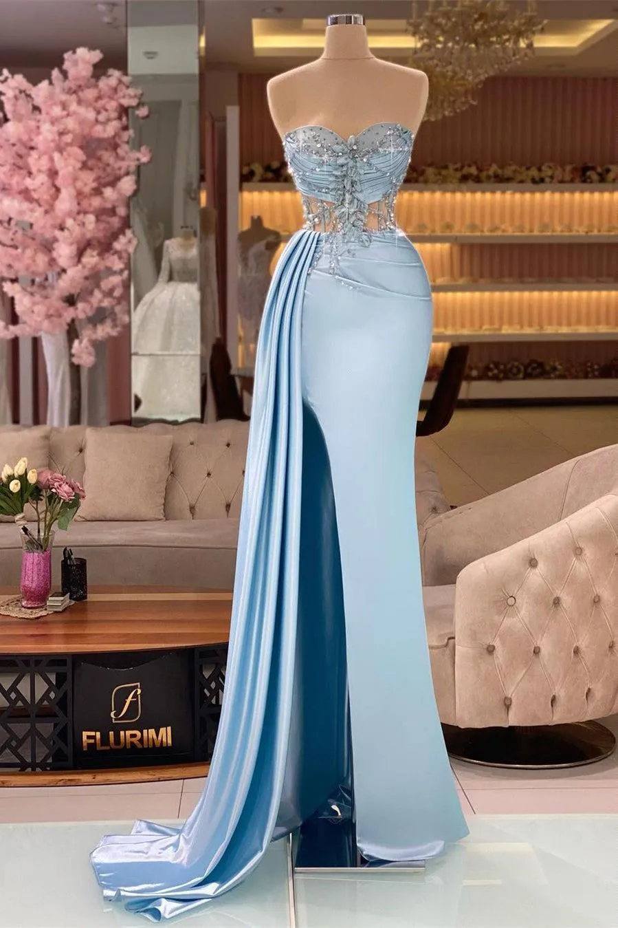 Charming Light Blue Mermaid Evening Illusion Top Crystals Sweetheart Pleats Satin Split Party Ocn Gowns Prom Dresses Wears BC 0920