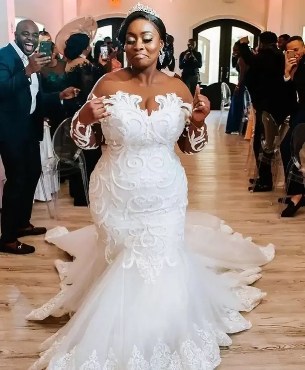 Mermaid African Lace Dresses See Thru Full Sleeves Bridal Gowns Plus Size Wedding Dress Vestido De Novia C0413