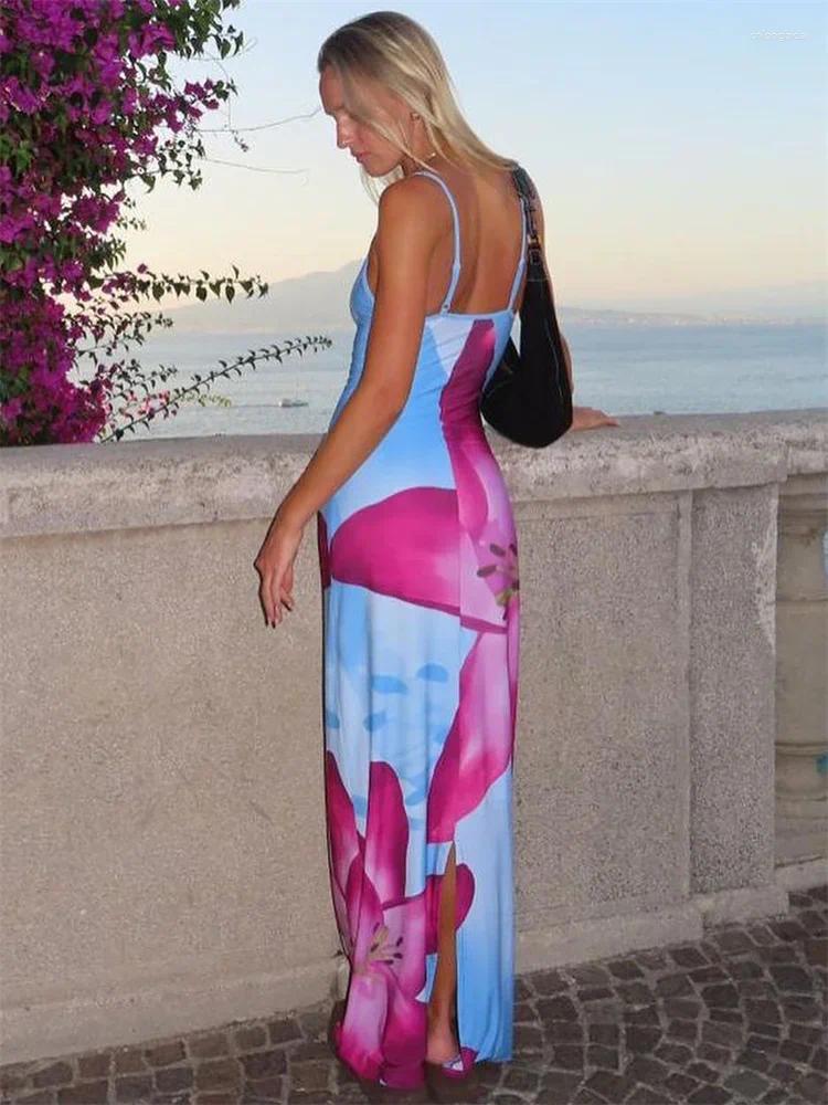 Casual Dresses Tossy Printed Spaghetti Backless Maxi Dress Women Fashion Slim Elegant Contrast Patchwork Halter Autumn Long