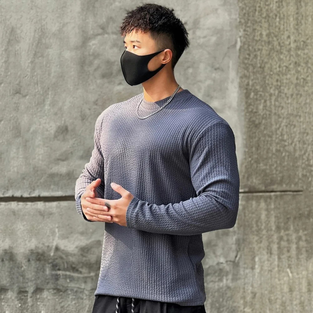 Autumn Winter Casual Tshirt Men Long Sleeves Solid Shirt Gym Fitness Bodybuilding Tees Tops Male Fashion Slim Stripes Clothing 240129