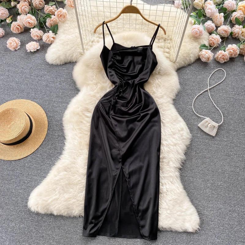 Casual Dresses Summer 2024 Satin Dress For Women Elegant Spaghetti Strap Sleeveless Ruched Slim Cross Split Sexy Evening Party Long