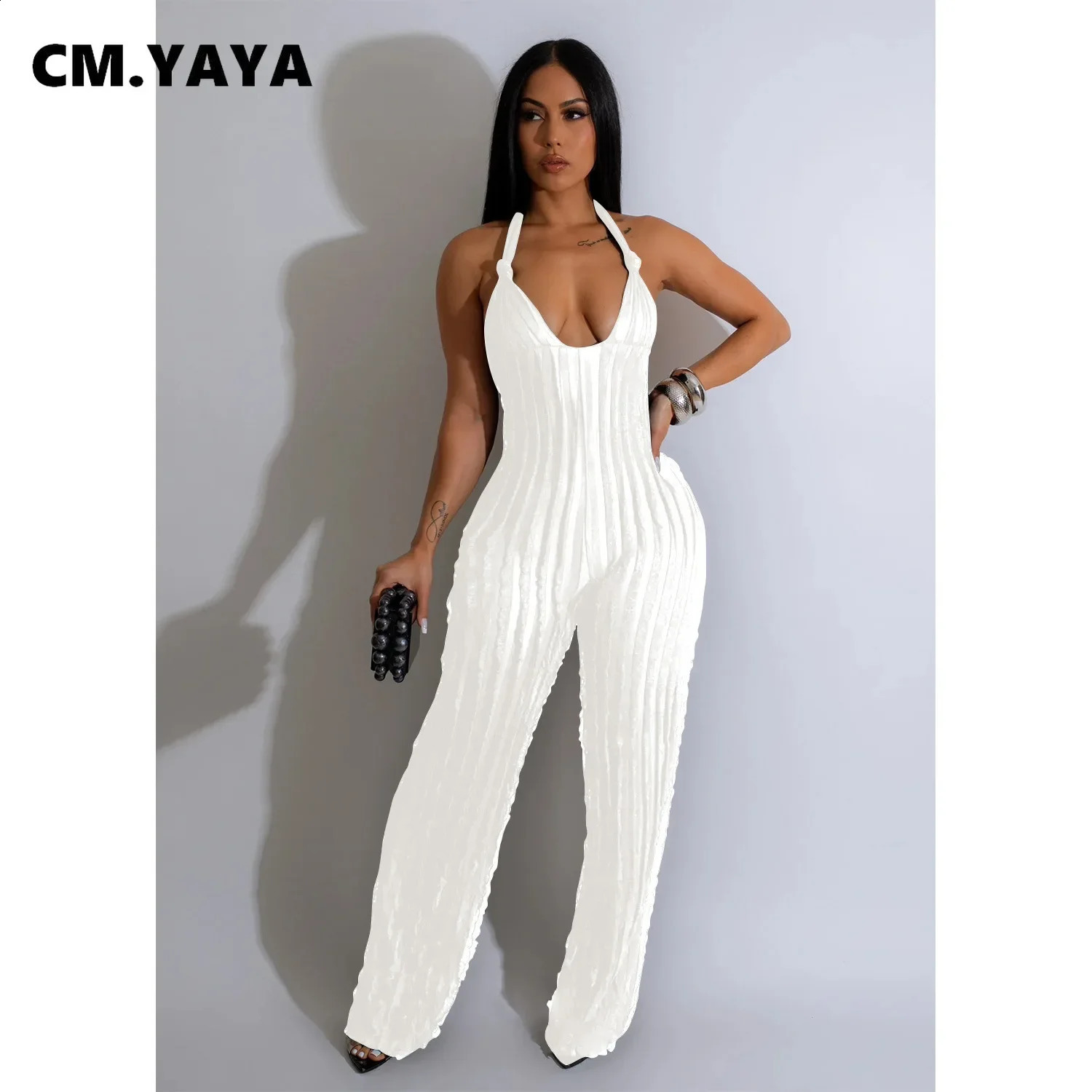CM.YAYA Fashion Ruffles Women Halter Deep V-neck Backless Wide Leg Jumpsuit Sleeveless Chic Playsuit Suit Romper 240129