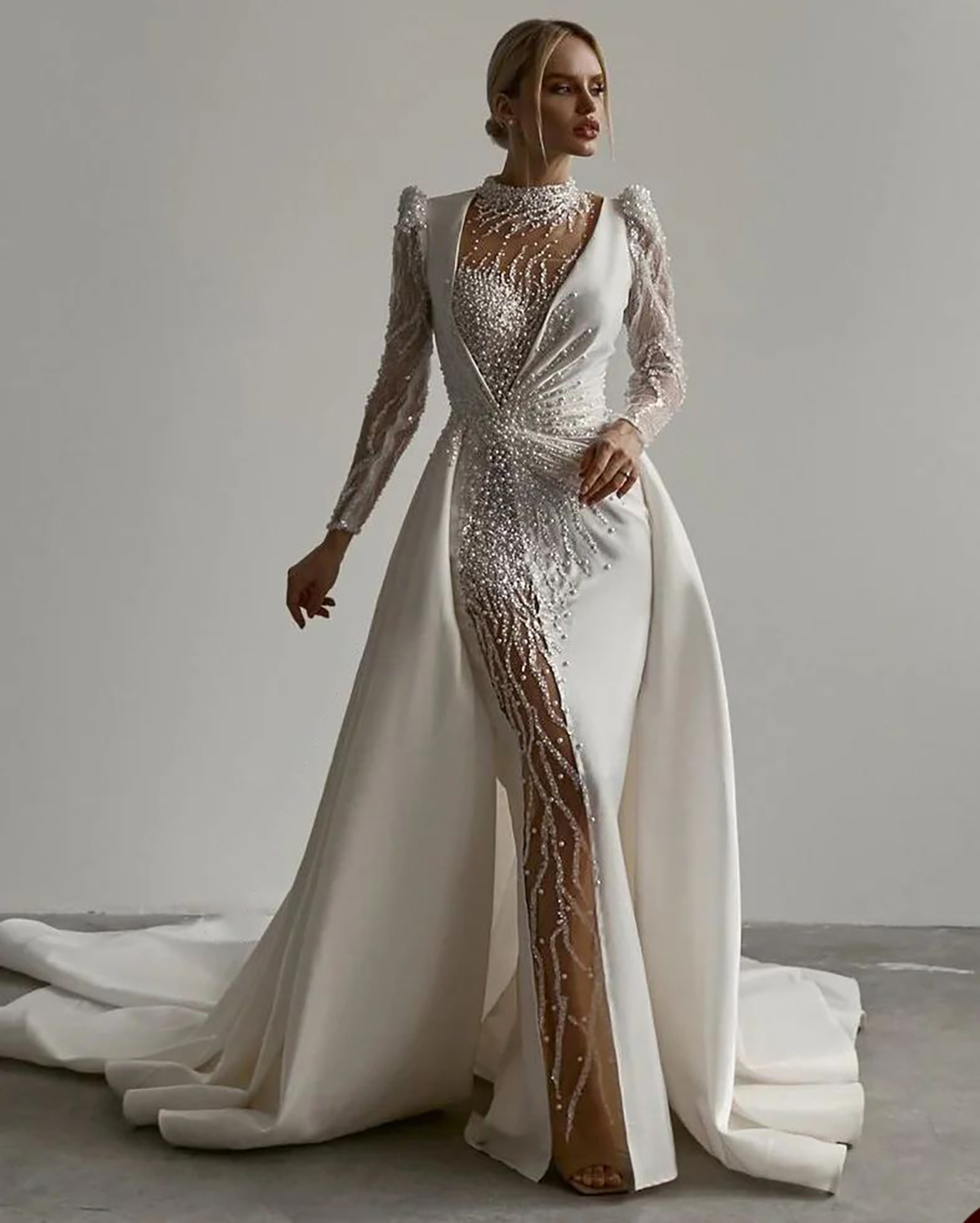 Gorgeous Pearls Mermaid Wedding Dress Sequins High Neck Bridal Gowns With Overskirts Custom Made Bride Dresses Vestido De Novia 0219