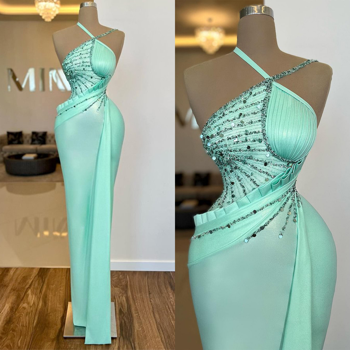 Halter Modern Evening Sequins Mermaid Prom Gowns Sleeveless Custom Made For Formal Party Dresses Plus Size Mal 6660306